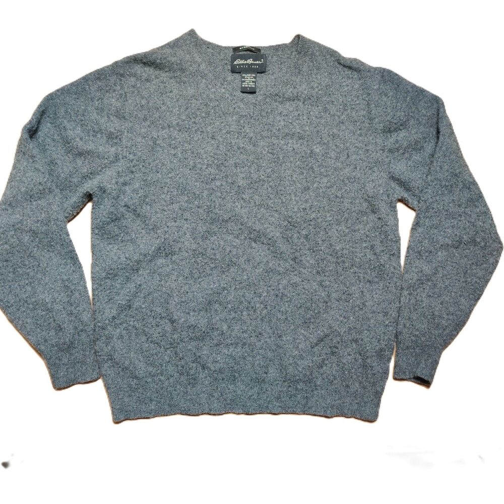Eddie Bauer Lambswool Blend V-Neck Sweater Gray Stretch Size Large Men's